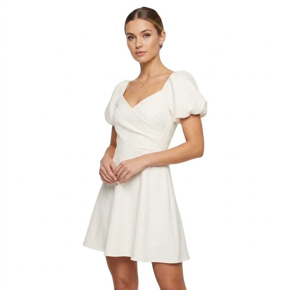 🤍 French Connection NWT White Puff Sleeve Fit Flare Mini Dress 4 Wedding Guest